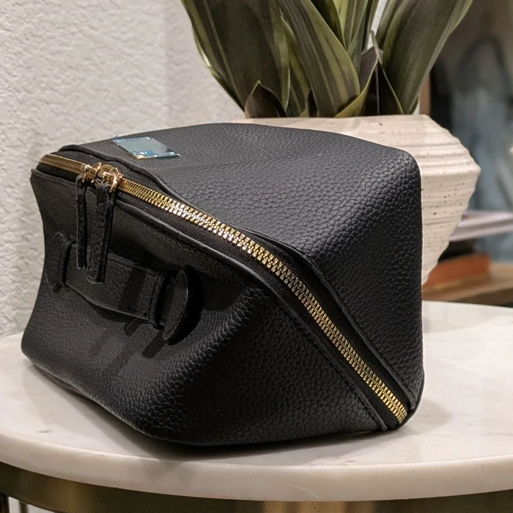 Gina Frankie Pebbled Vegan Leather Makeup Bag Women Large Black Gold Zip Travel